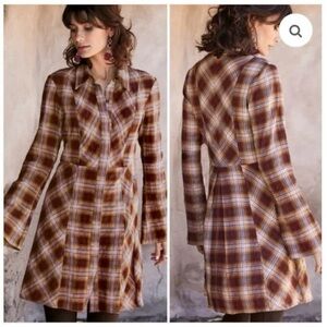 Peruvian Connection Ojai Plaid Tartan Shirt Dress in Brown, size 14